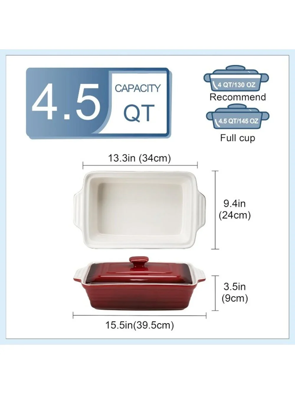 4.5 Quart Gradient Red Ceramic Casserole Dish with Lid Oven Microwave Baking Pan